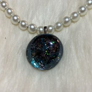 Marble Plaid Charm & Stretchy Faux Pearls One of a Kind Rare Unique Necklace